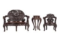 A Japanese Carved Hardwood Armchair, Settee and Marble Inset Stand