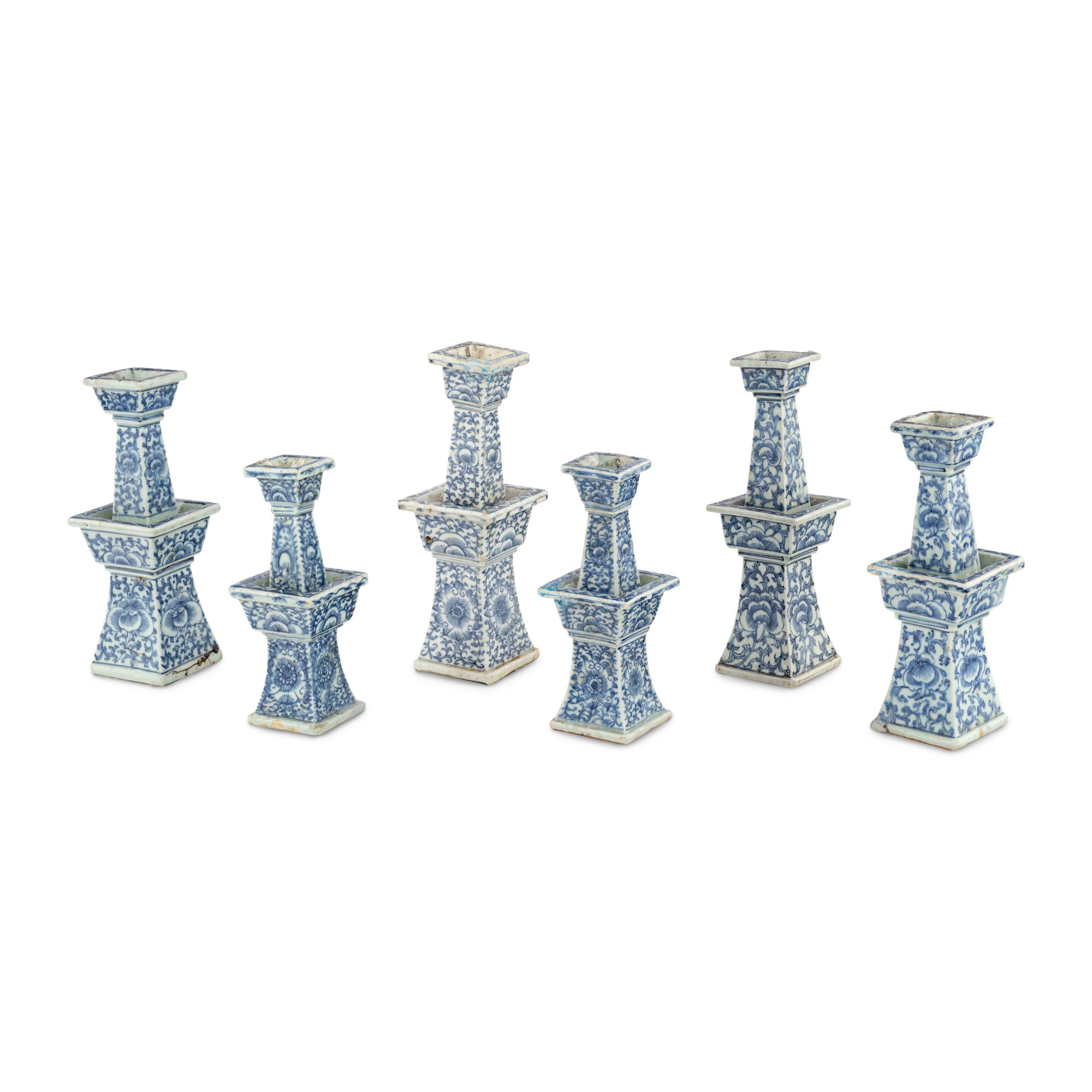 A Set of Six Chinese Porcelain Blue-and-White Candle Holders