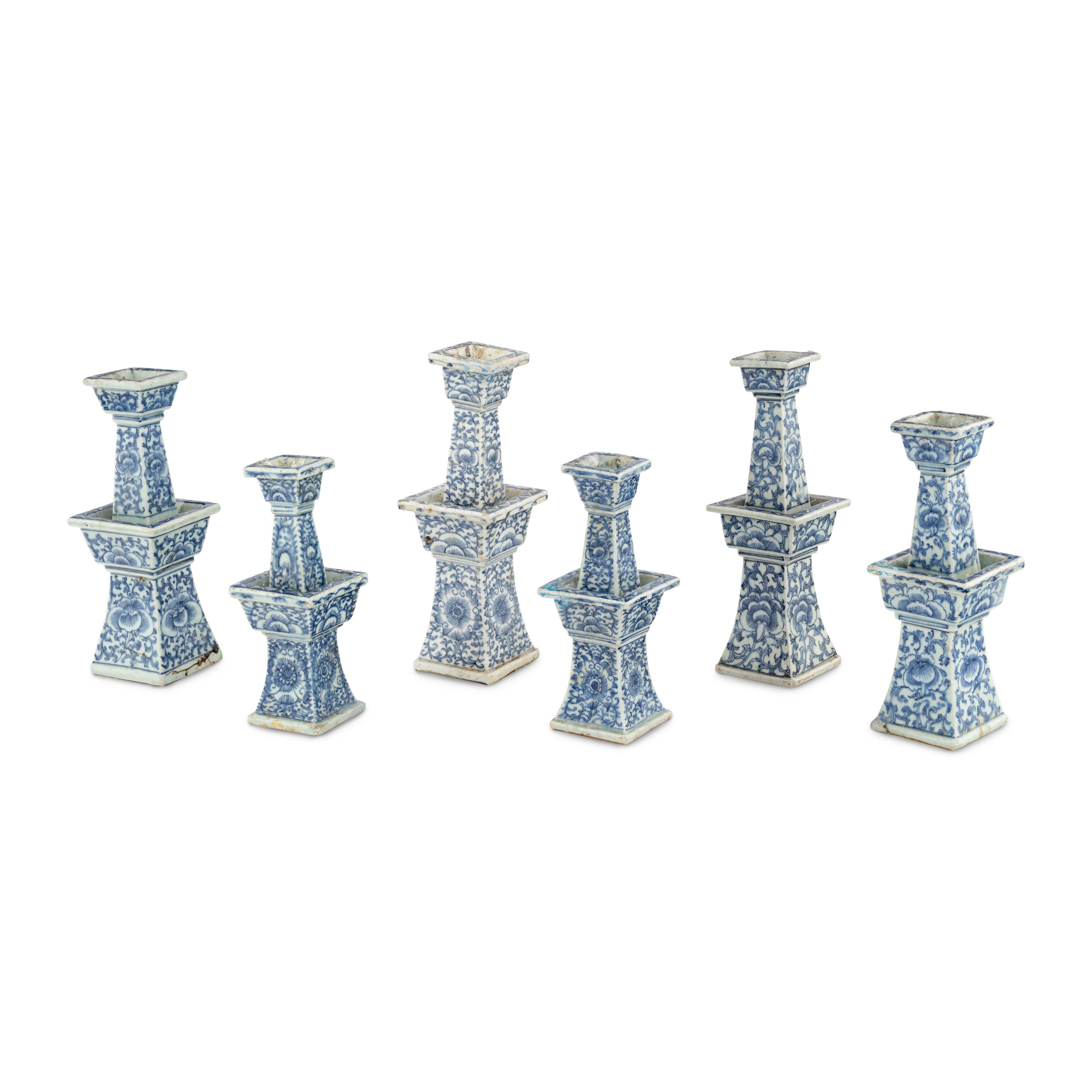 A Set of Six Chinese Porcelain Blue-and-White Candle Holders