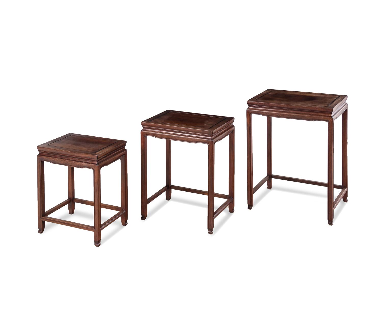 Two Sets of Chinese Hardwood Nesting Tables, together with a Chinese Export Marble Inset Hardwood Table