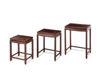 Two Sets of Chinese Hardwood Nesting Tables, together with a Chinese Export Marble Inset Hardwood Table