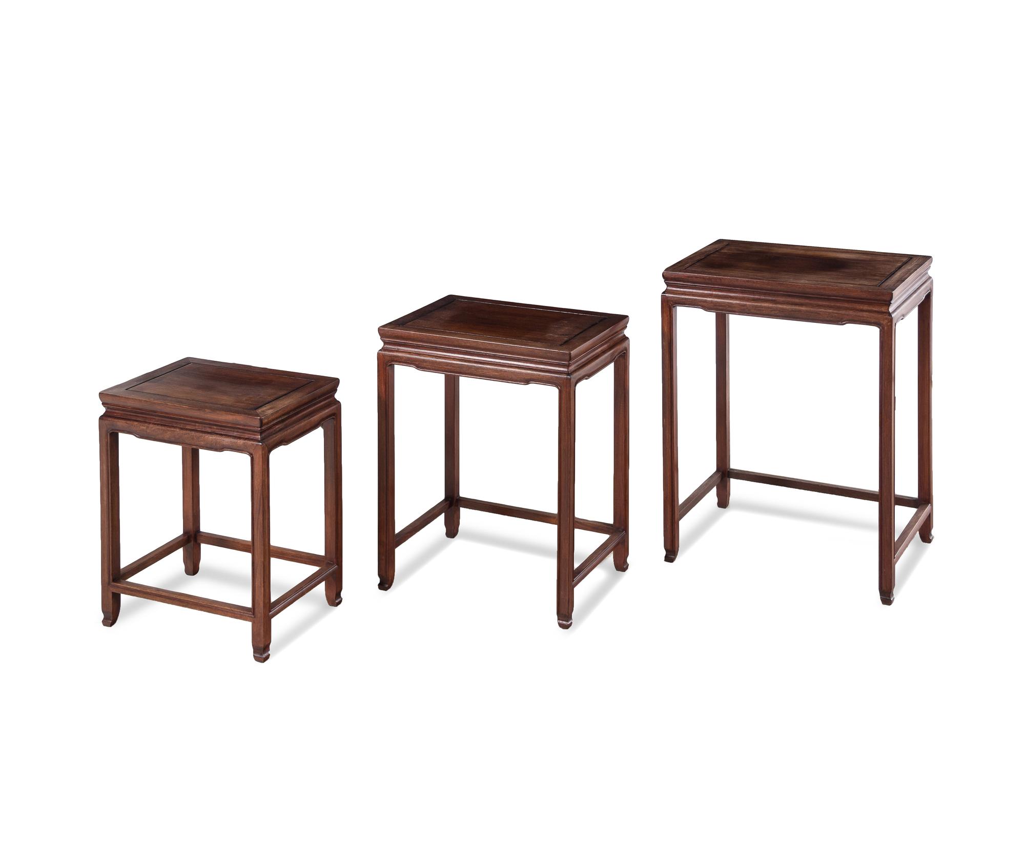 Two Sets of Chinese Hardwood Nesting Tables, together with a Chinese Export Marble Inset Hardwood Table