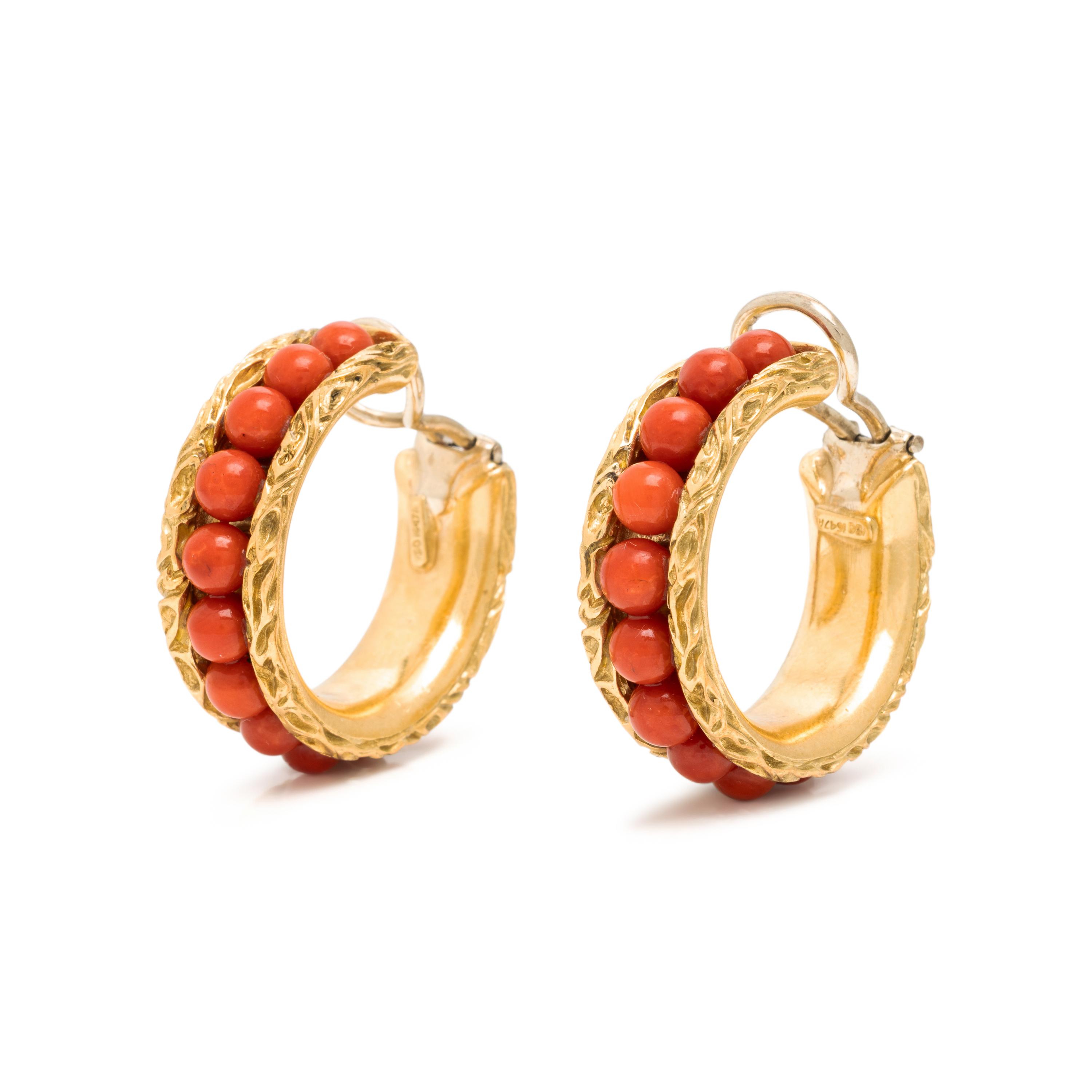 Coral and Yellow Gold Hoop Earrings