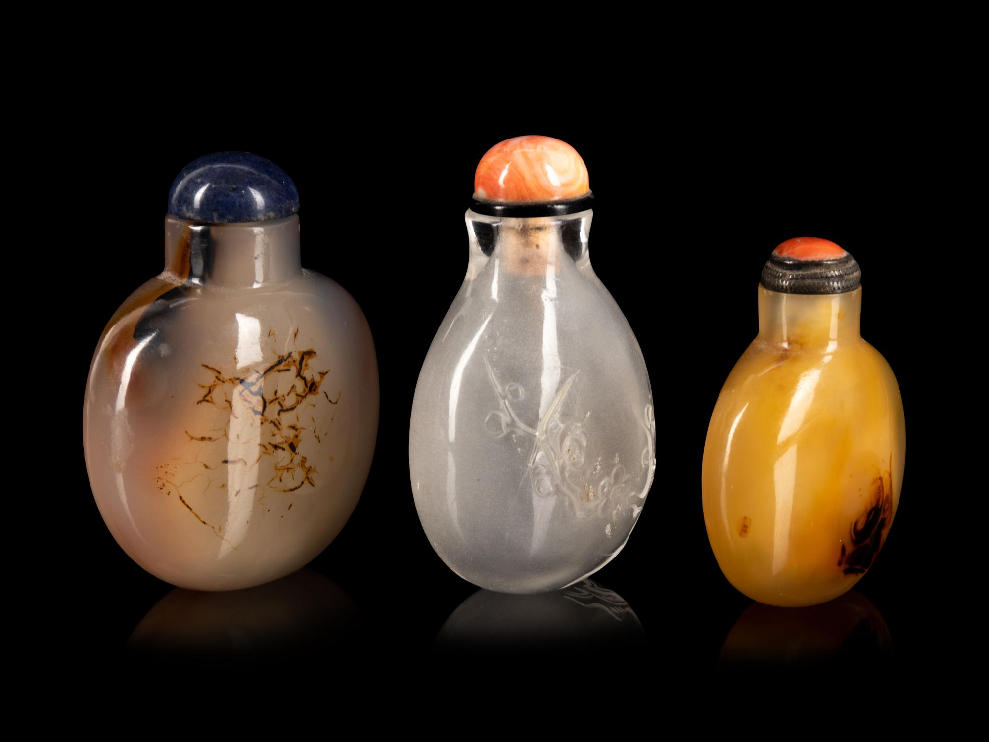 Three Chinese Hardstone Snuff Bottles