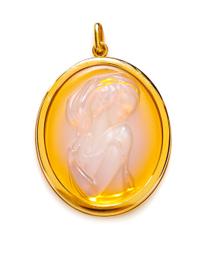 Lalique Pink Opalescent Clemence Lady Cameo Pendant, 1.75" H x 1.5" W.