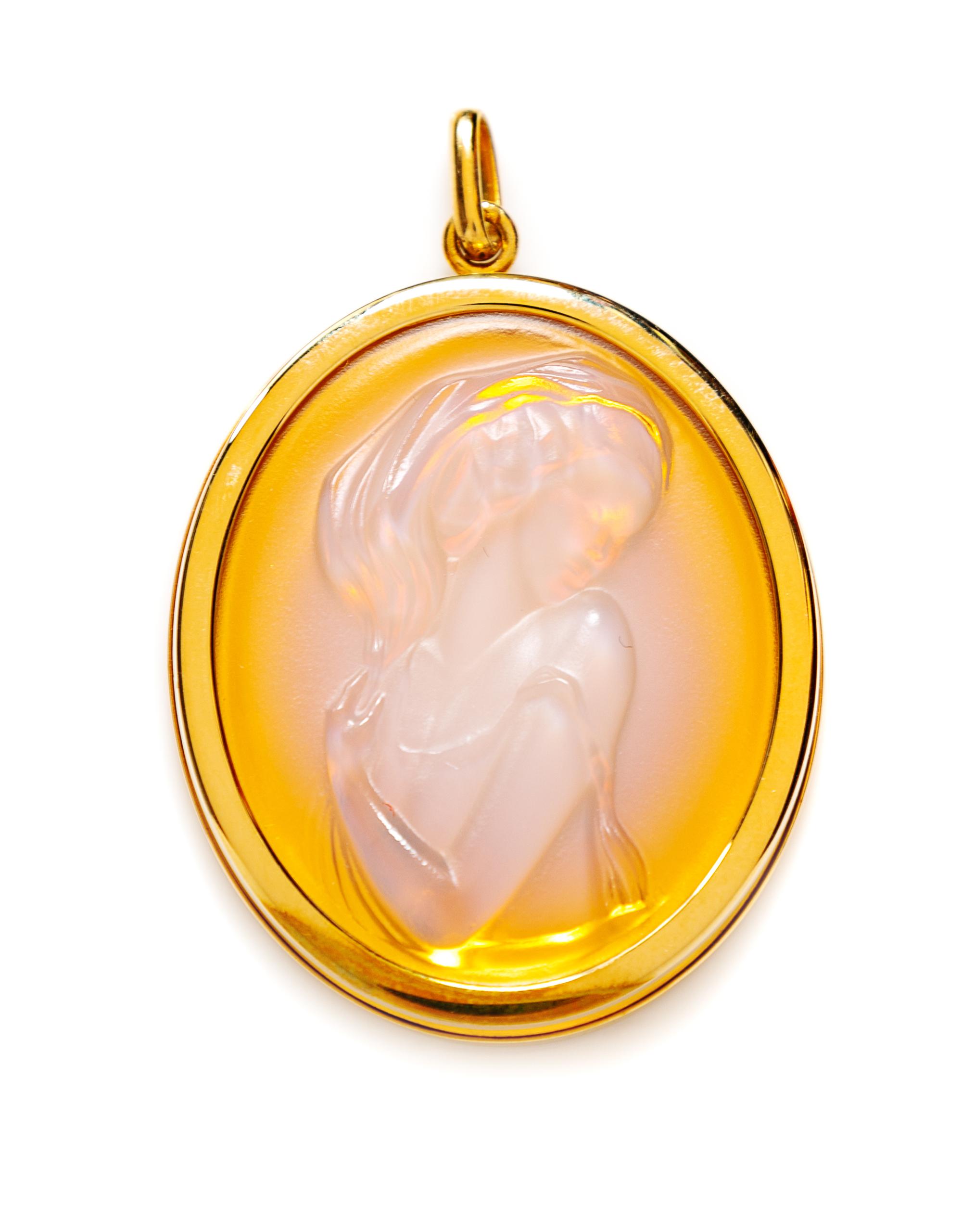 Lalique Pink Opalescent Clemence Lady Cameo Pendant, 1.75" H x 1.5" W.