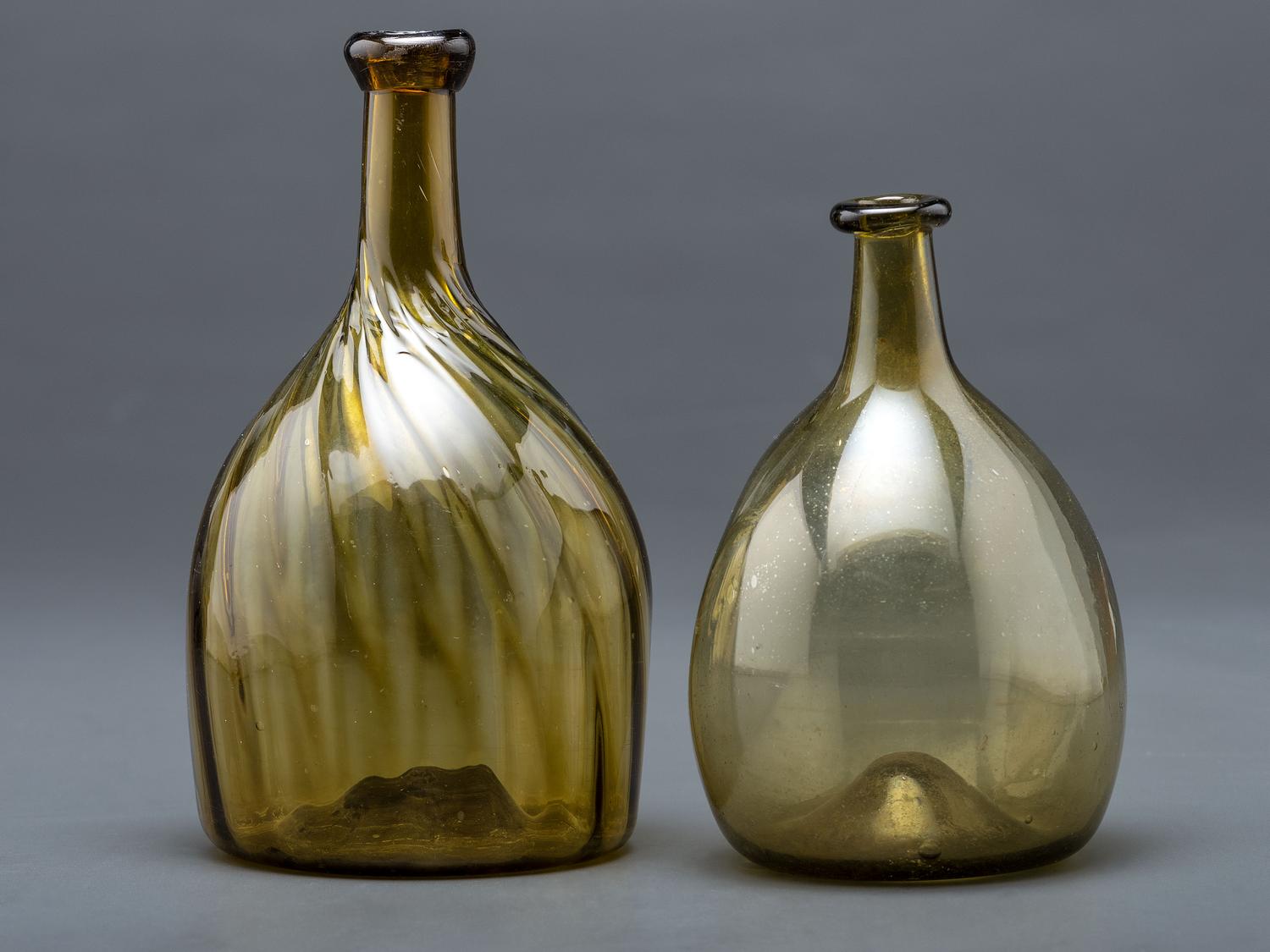 Two Blown Glass Bottles in Olive