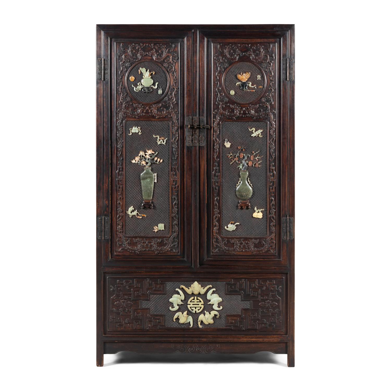 A Chinese Hardwood Jade and Hardstone Inset Square-Corner Cabinet, Fangjiaogui, 20th Century 近代 黑漆硬木嵌寳博古圖方角櫃
