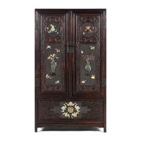 A Chinese Hardwood Jade and Hardstone Inset Square-Corner Cabinet, Fangjiaogui, 20th Century 近代 黑漆硬木嵌寳博古圖方角櫃