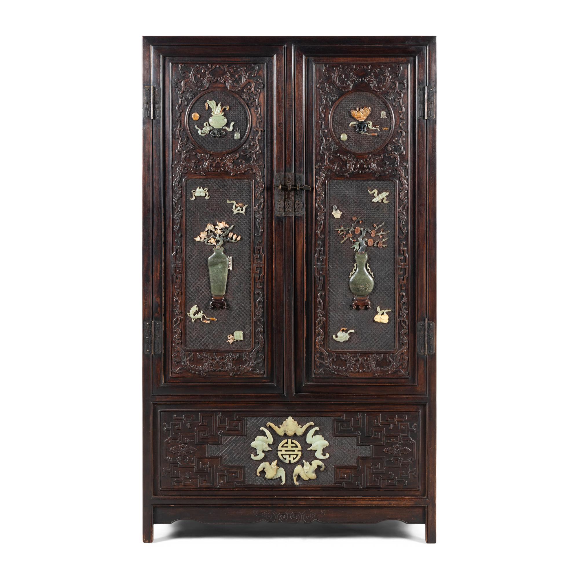A Chinese Hardwood Jade and Hardstone Inset Square-Corner Cabinet, Fangjiaogui, 20th Century 近代 黑漆硬木嵌寳博古圖方角櫃