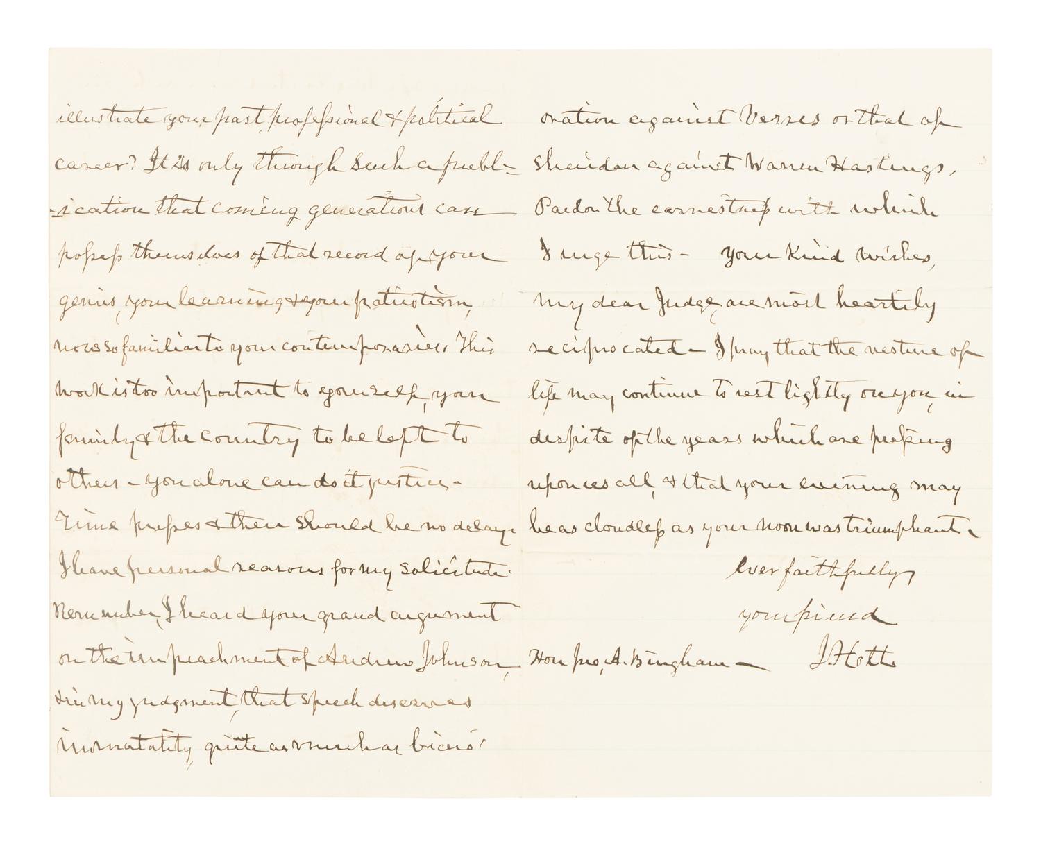 HOLT, Joseph (1807-1894). Autograph letter, signed ("J. Holt") to former assistant John A. Bingham. Washington, D.C., 8 August 1888.