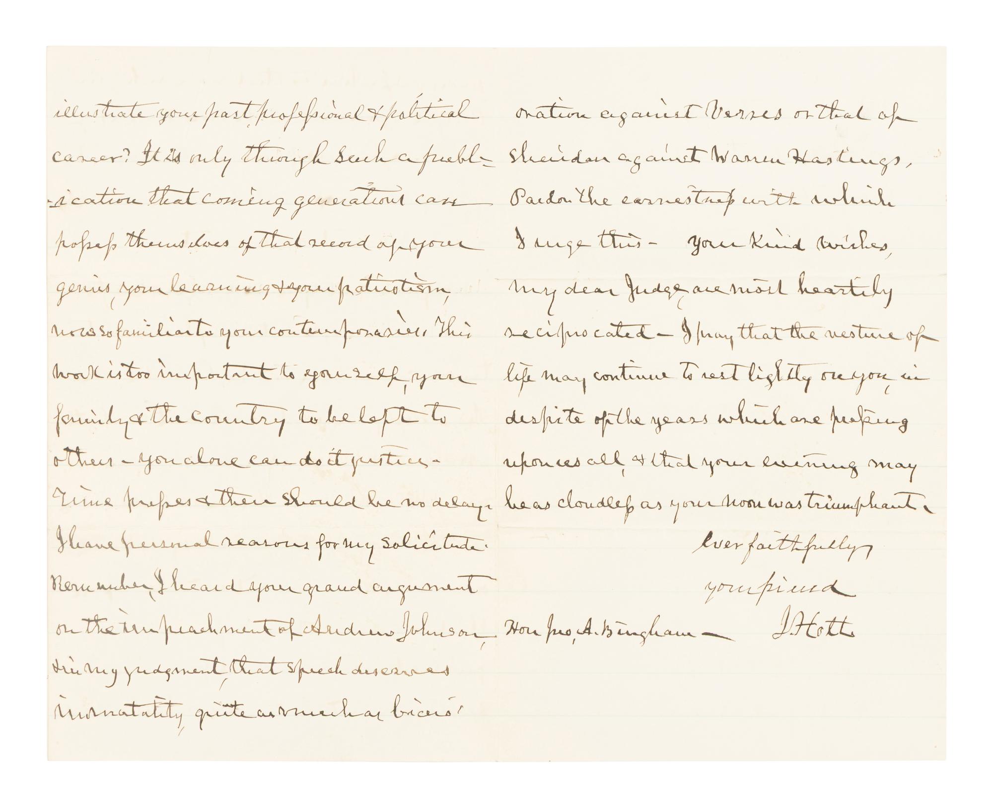 HOLT, Joseph (1807-1894). Autograph letter, signed ("J. Holt") to former assistant John A. Bingham. Washington, D.C., 8 August 1888.