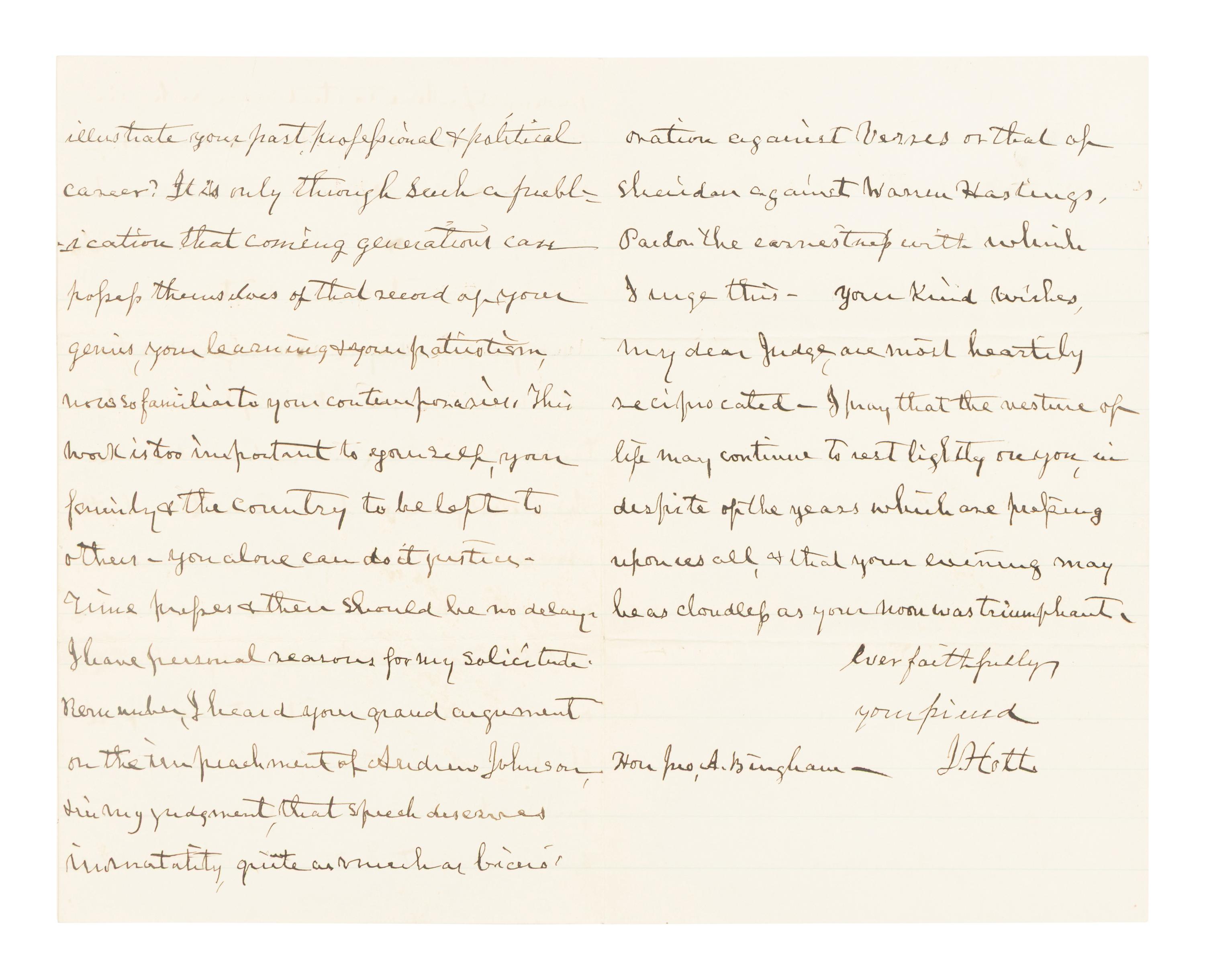 HOLT, Joseph (1807-1894). Autograph letter, signed ("J. Holt") to former assistant John A. Bingham. Washington, D.C., 8 August 1888.