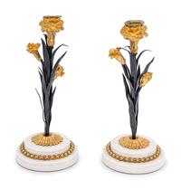 A Pair of French Tôle, Gilt Metal and Marble Candlesticks