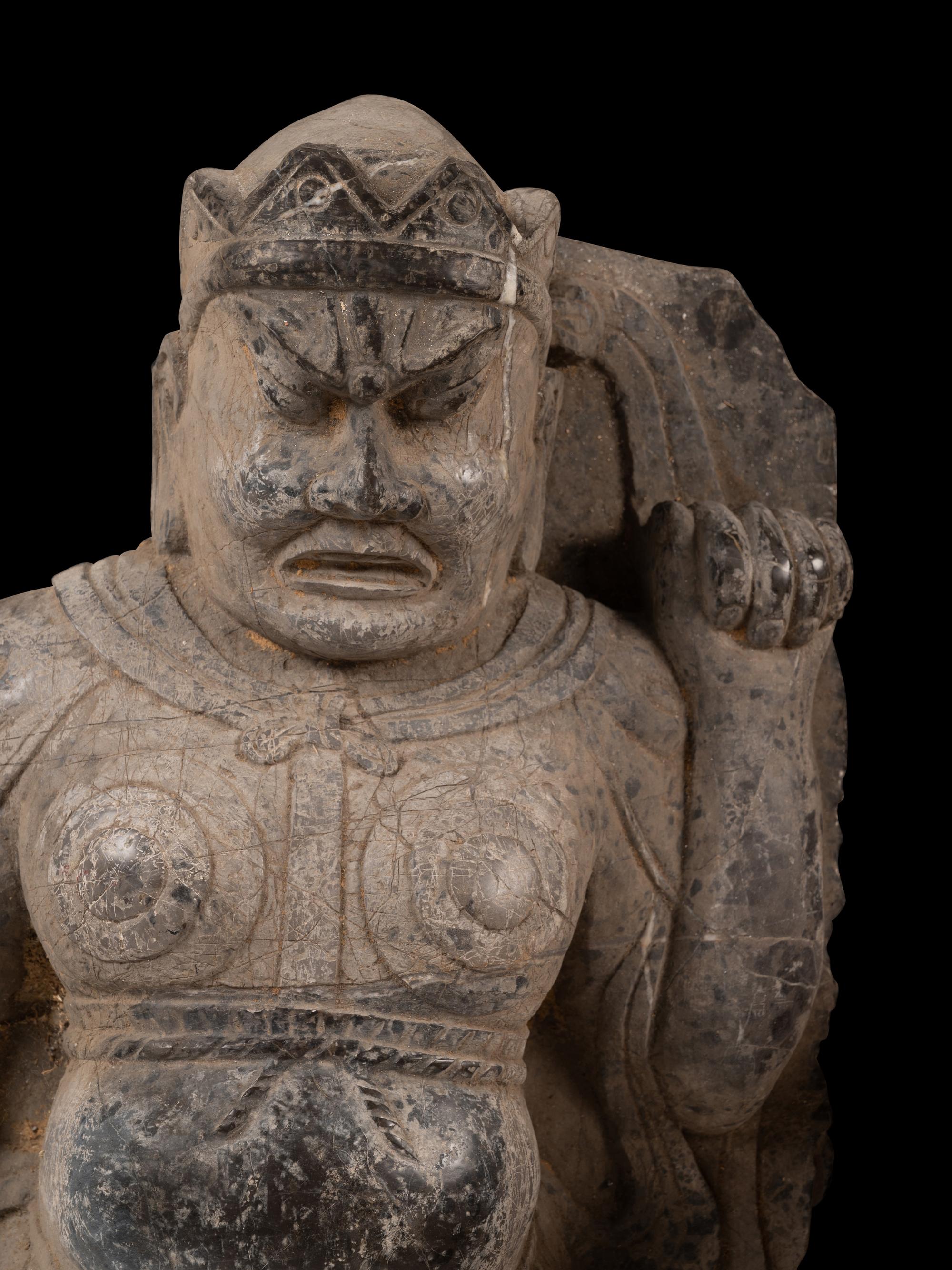 A Chinese Monumental Relief Carved Stone Figural Steele of a Warrior