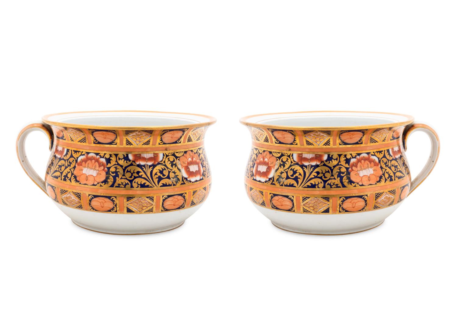 A Pair of English Ironstone Painted and Parcel Gilt Chamber Pots