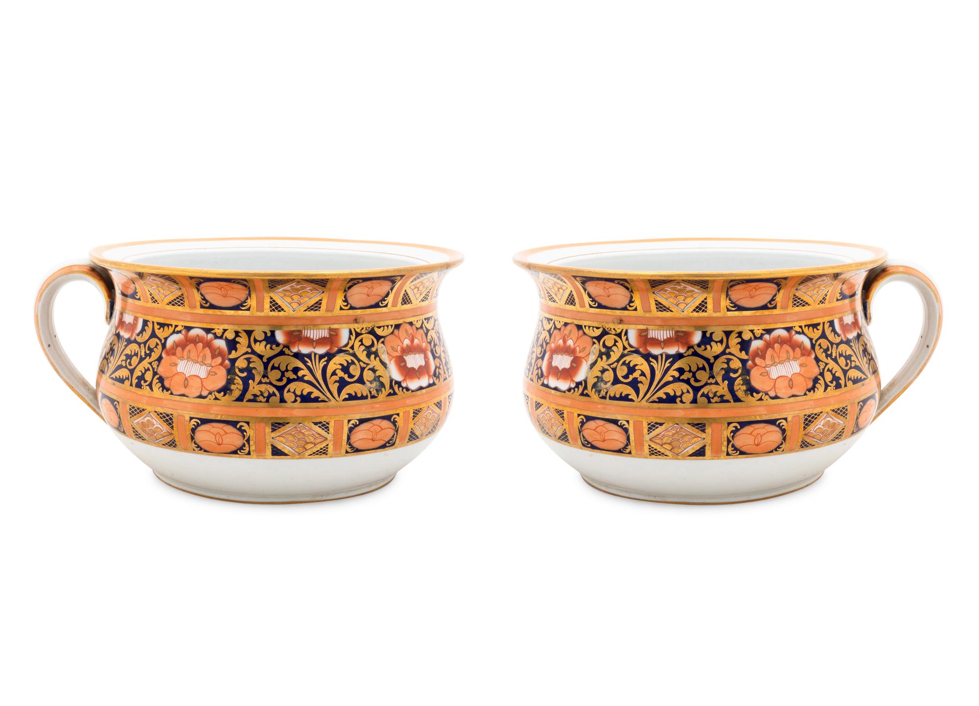 A Pair of English Ironstone Painted and Parcel Gilt Chamber Pots