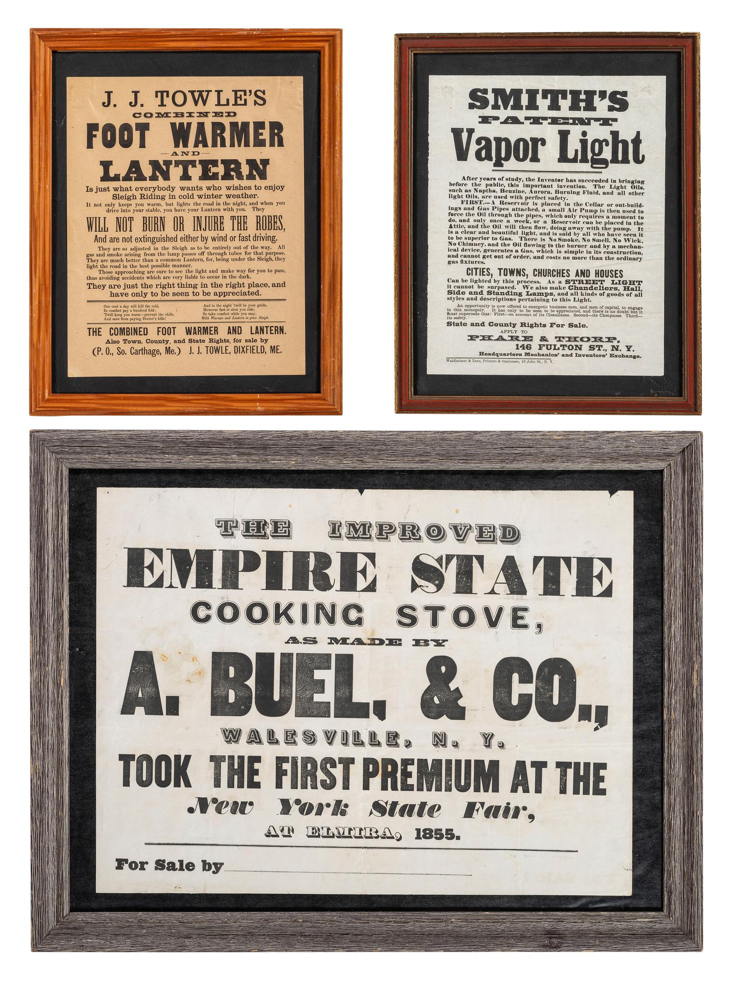 [ADVERTISING]. A group of 3 broadsides promoting appliances, highlighted by the "Improved Empire State Cooking Stove" made by A Buel & Co., 1855.