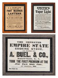 [ADVERTISING]. A group of 3 broadsides promoting appliances, highlighted by the "Improved Empire State Cooking Stove" made by A Buel & Co., 1855.