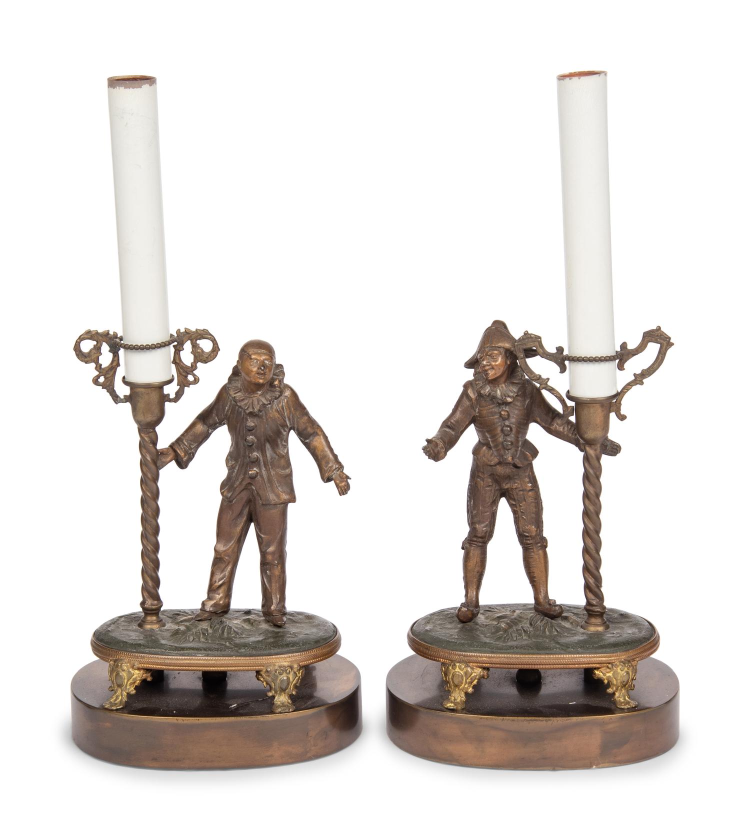 A Pair of Italian Bronze Candlesticks Mounted as Lamps