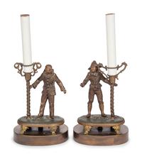 A Pair of Italian Bronze Candlesticks Mounted as Lamps
