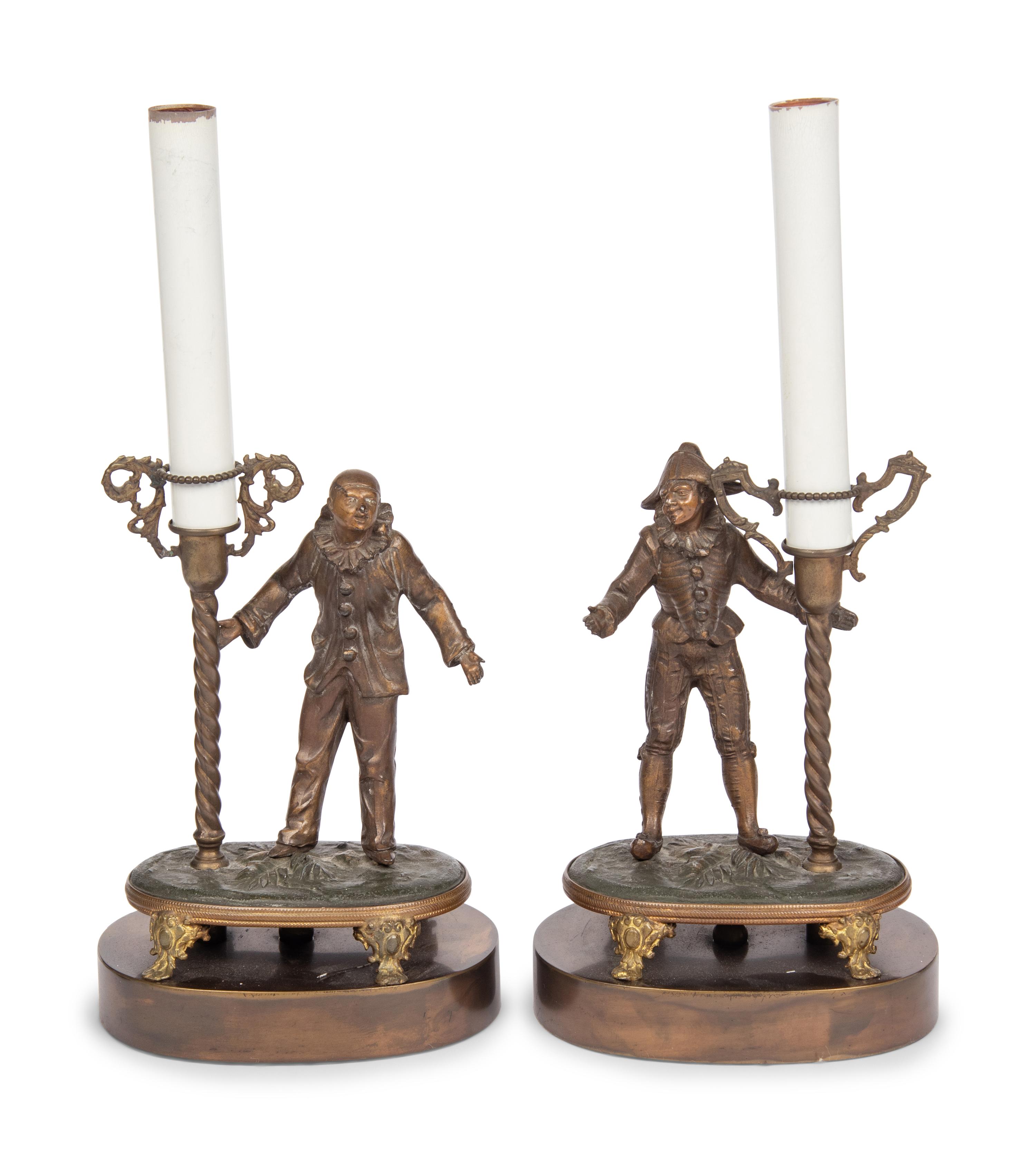 A Pair of Italian Bronze Candlesticks Mounted as Lamps