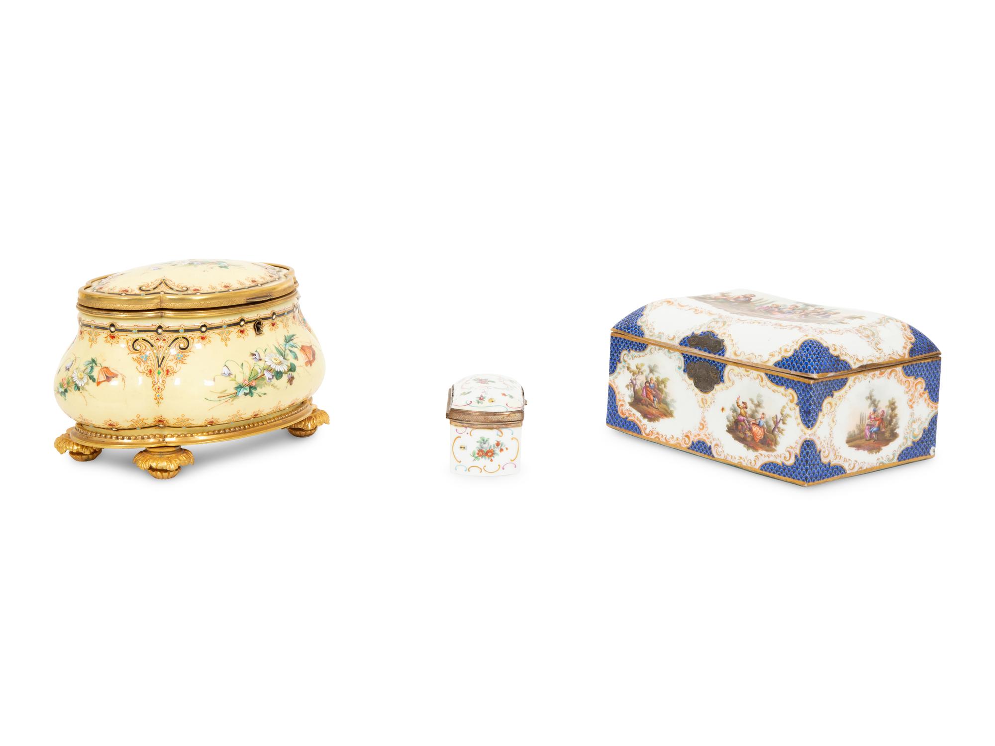 A Group of Three French Gilt Metal Mounted Porcelain Boxes
