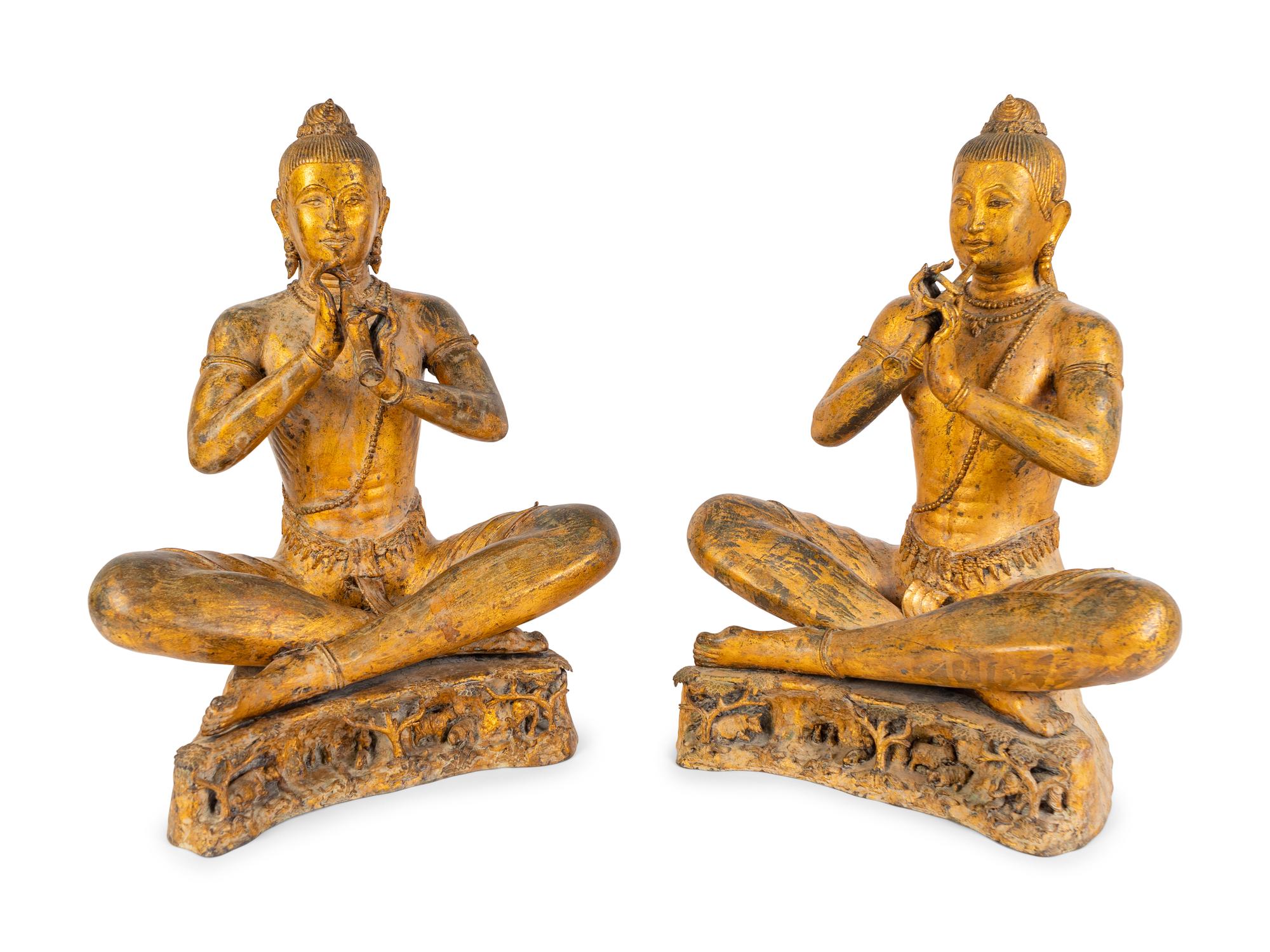 A Pair of Thai Gilt Bronze Figures of Musicians and One Dancer — 20TH CENTURY