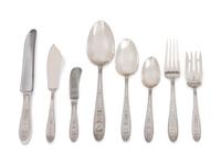 Wedgwood pattern, comprising 8 dinner knives with stainless steel blades 8 dinner forks 8 salad forks 16 teaspoons 8 butter spreaders 1 butter serving knife 8 tablespoons 2 serving spoons 59 items total.