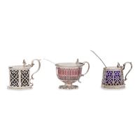 Three English Pierced Silver Mustard Pots and Two Silver Mustard Spoons