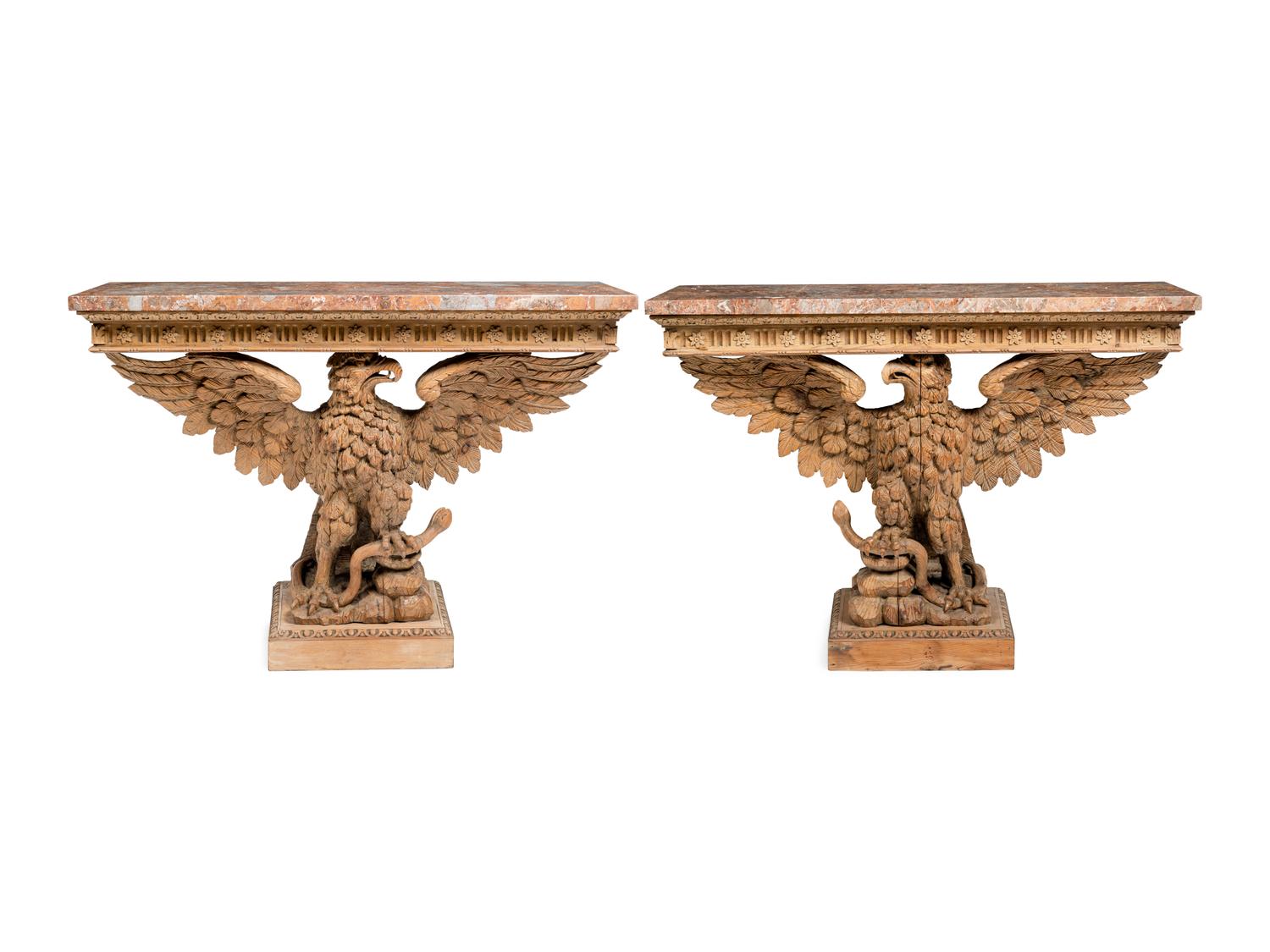 A Pair of George II Style Carved Pine Marble-Top Pier Tables