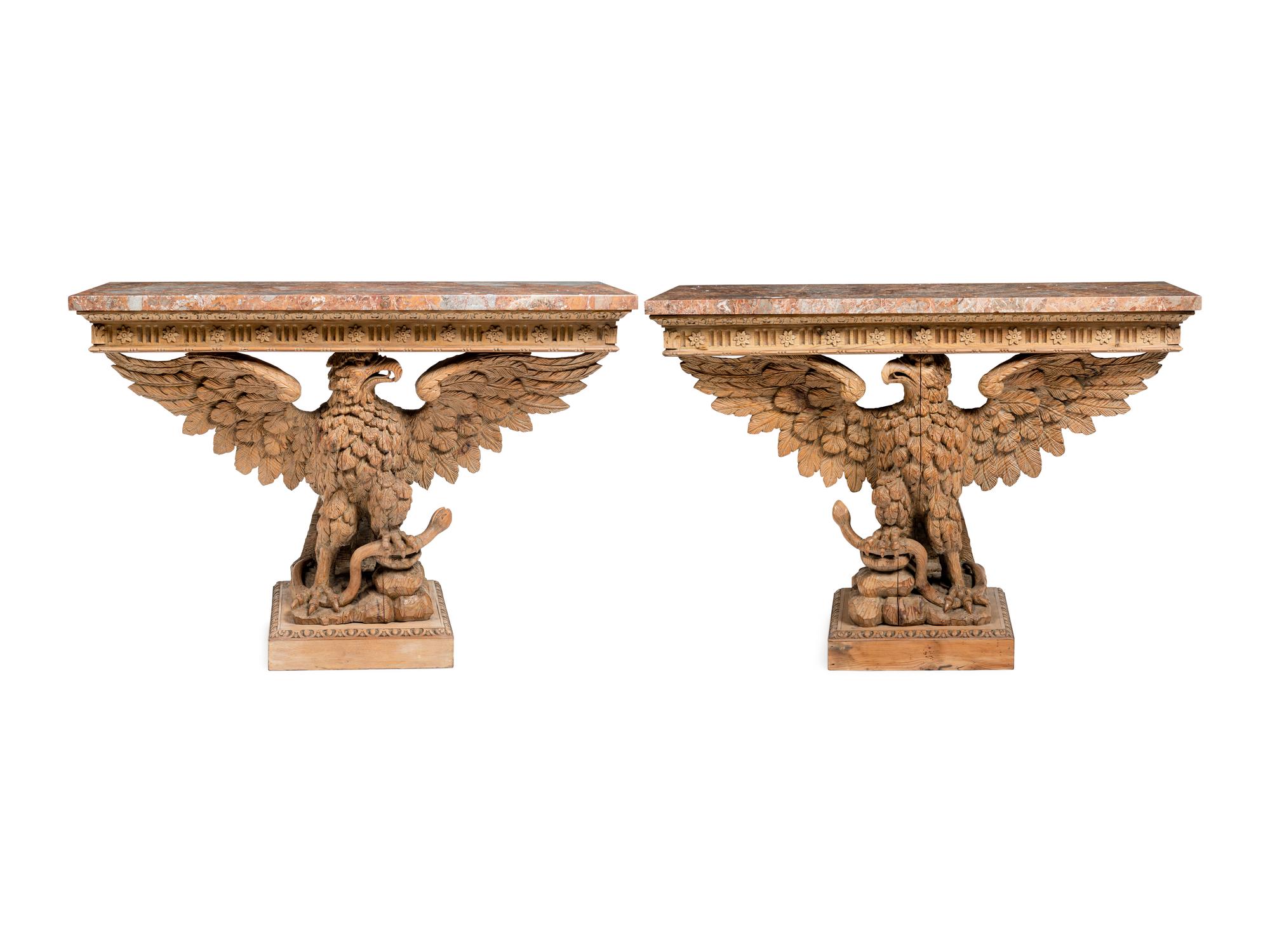 A Pair of George II Style Carved Pine Marble-Top Pier Tables