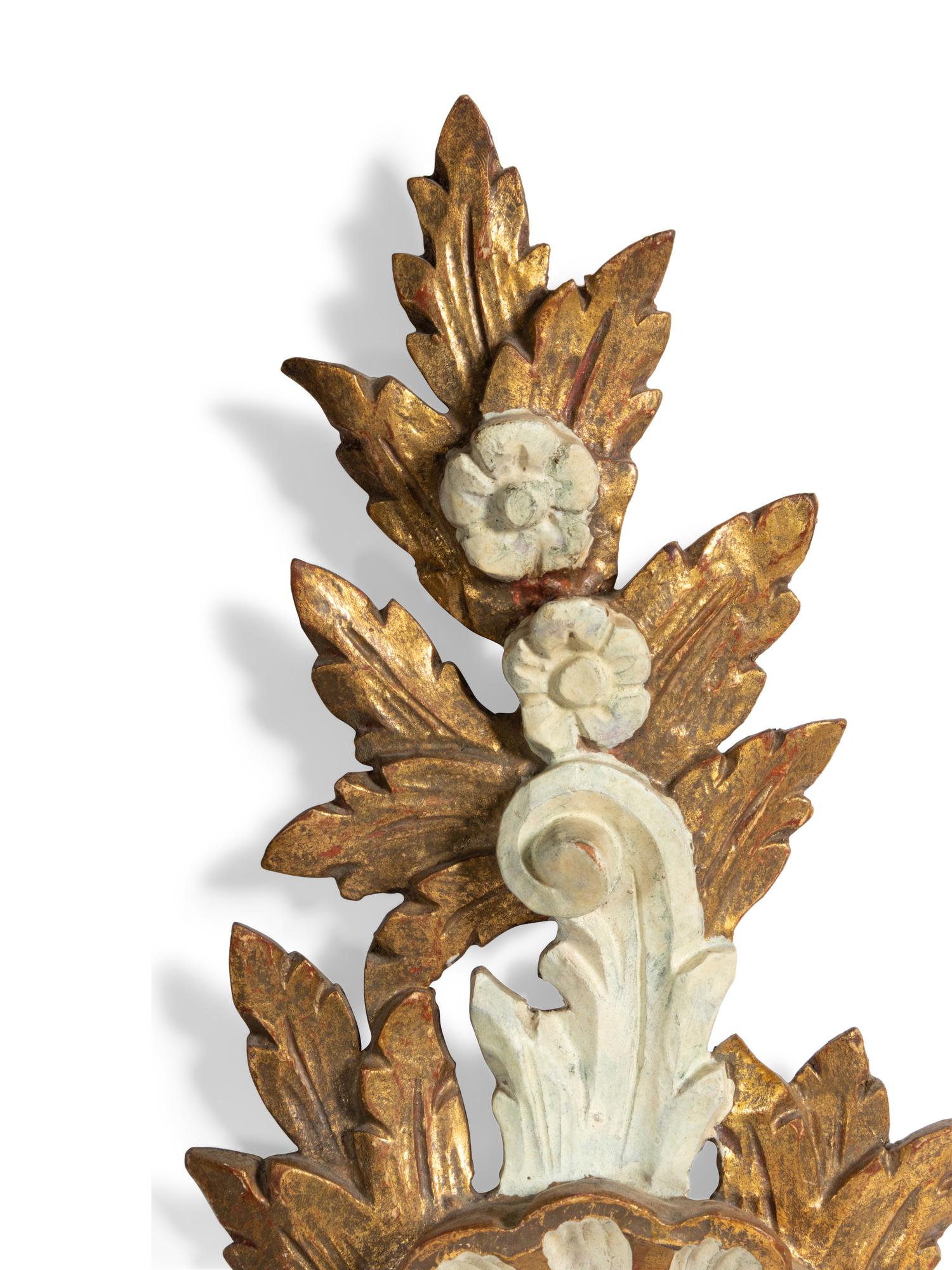 A Pair of Italian Giltwood and Metal Sconces and a Pair of Giltwood Shell Wall Brackets