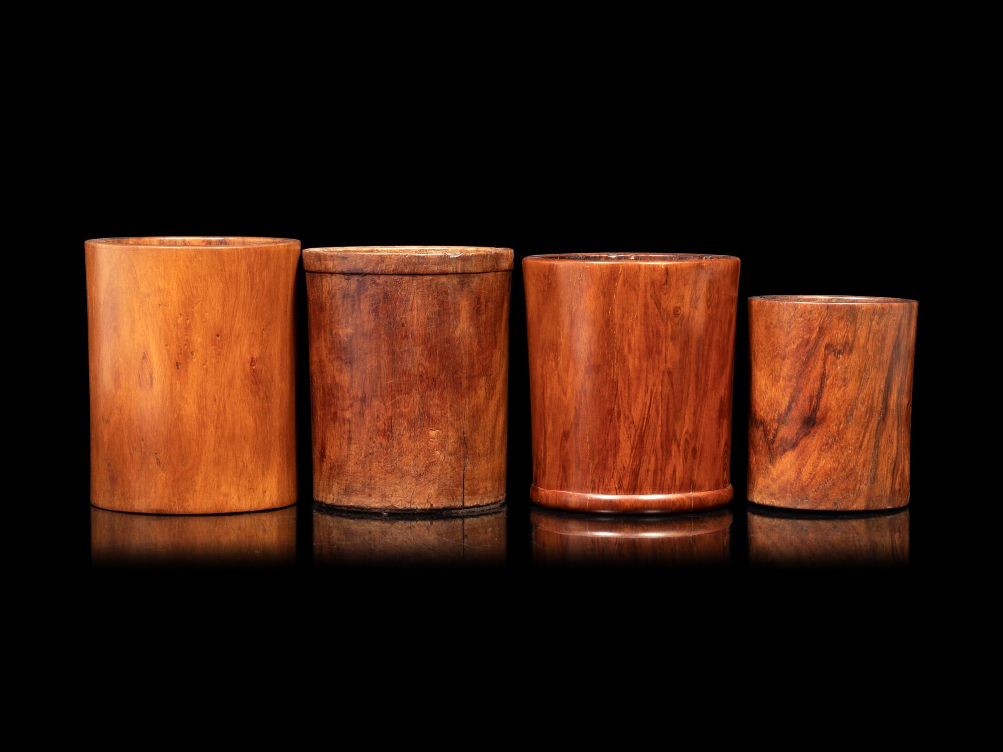 Four Hardwood Brushpots and a Document Box