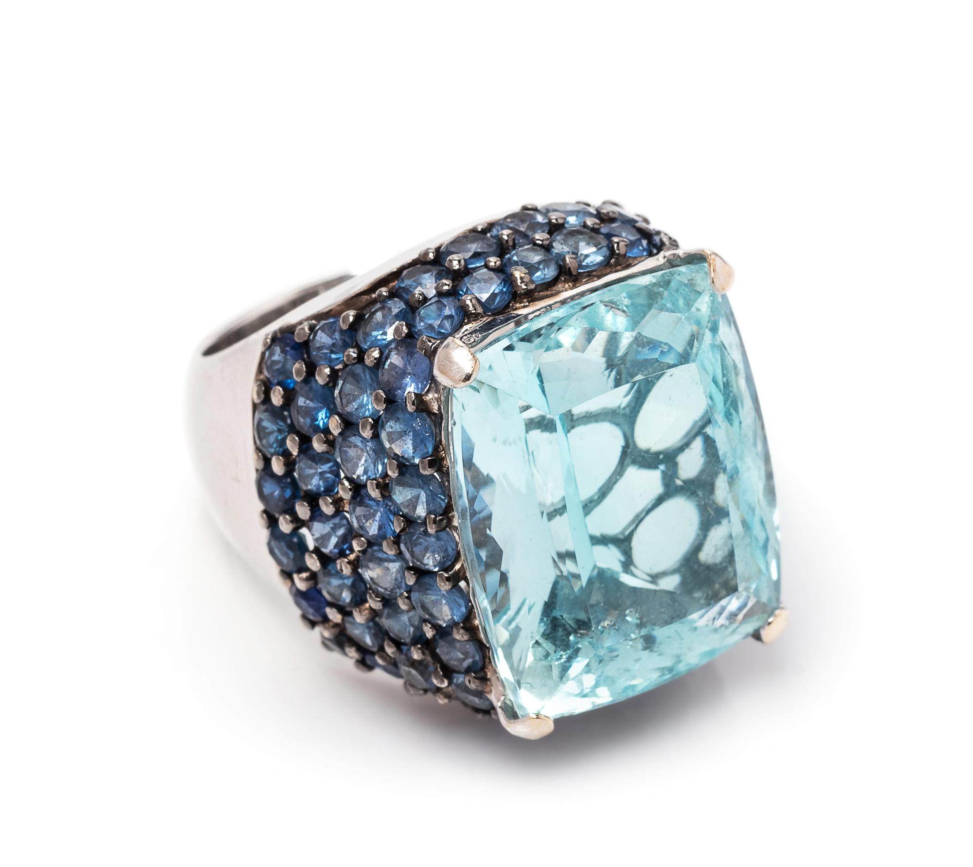 An 18 Karat White Gold, Aquamarine and Sapphire Ring,