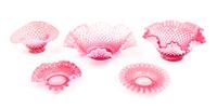 Five Cranberry Glass Hobnail Bowls Width of widest 10 1/4 inches