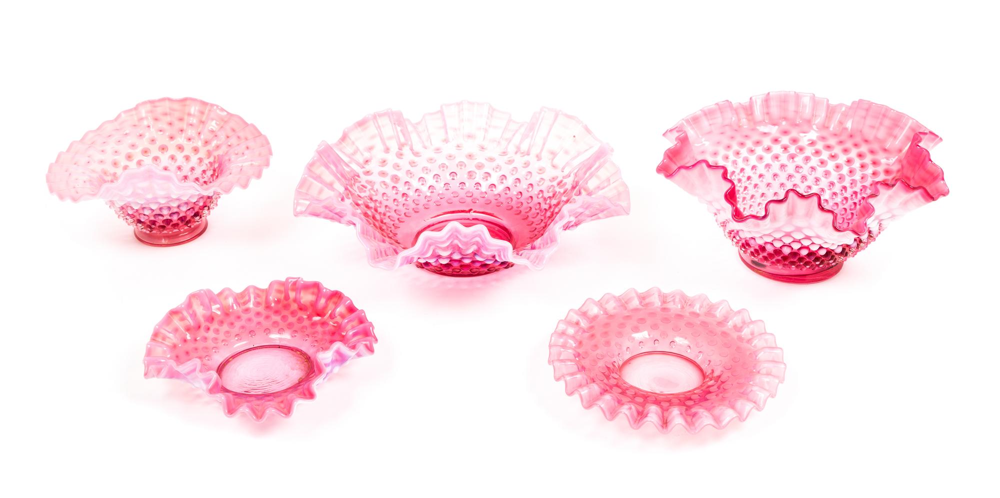 Five Cranberry Glass Hobnail Bowls Width of widest 10 1/4 inches
