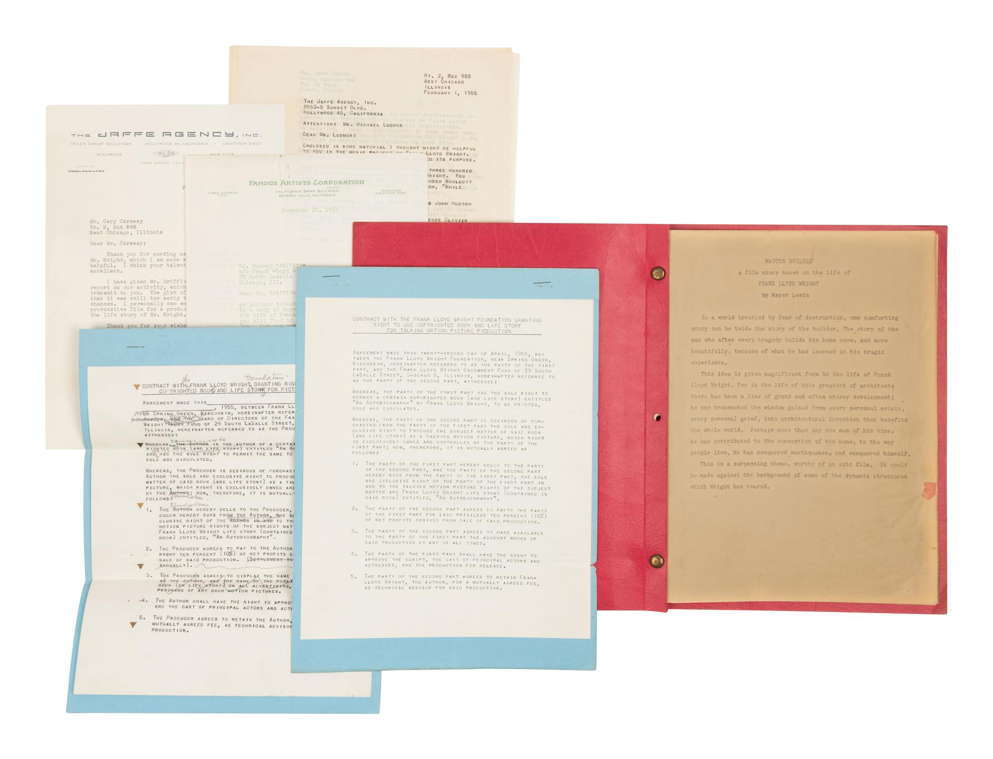 [FRANK LLOYD WRIGHT]. A small archive including contracts and related correspondence for the proposed film about Wright's life entitled Master Builder , comprising: