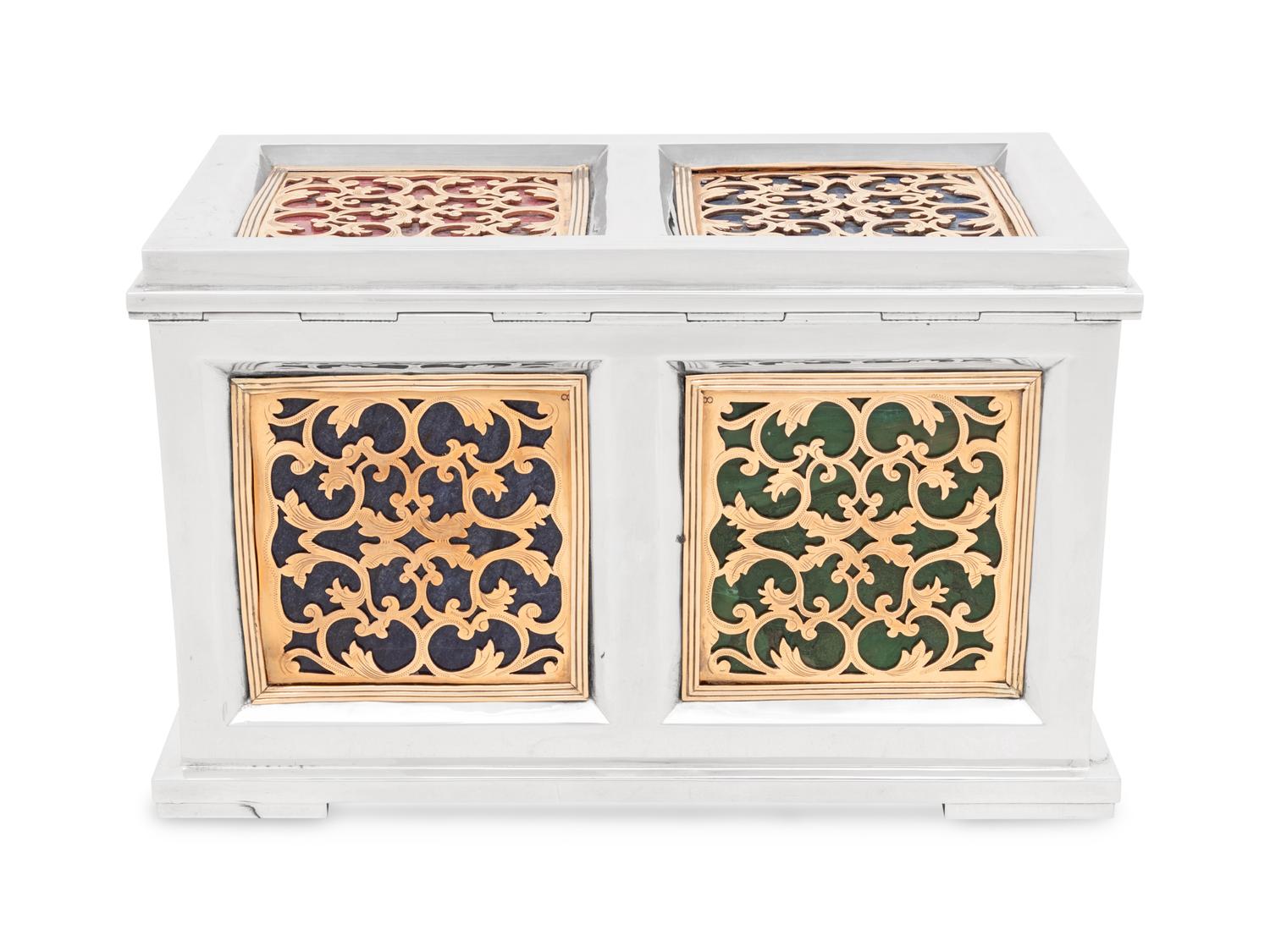 A Continental Baroque Style Silvered and Gilt Metal and Marble Inset Table Casket