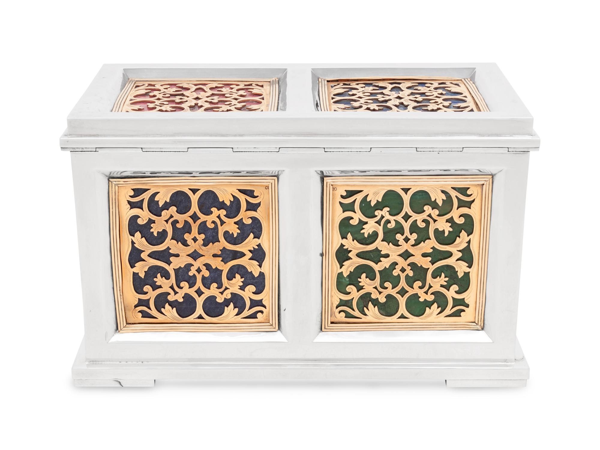 A Continental Baroque Style Silvered and Gilt Metal and Marble Inset Table Casket