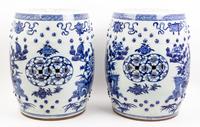 A Pair of Blue and White Porcelain Garden Seats Height 18 inches.