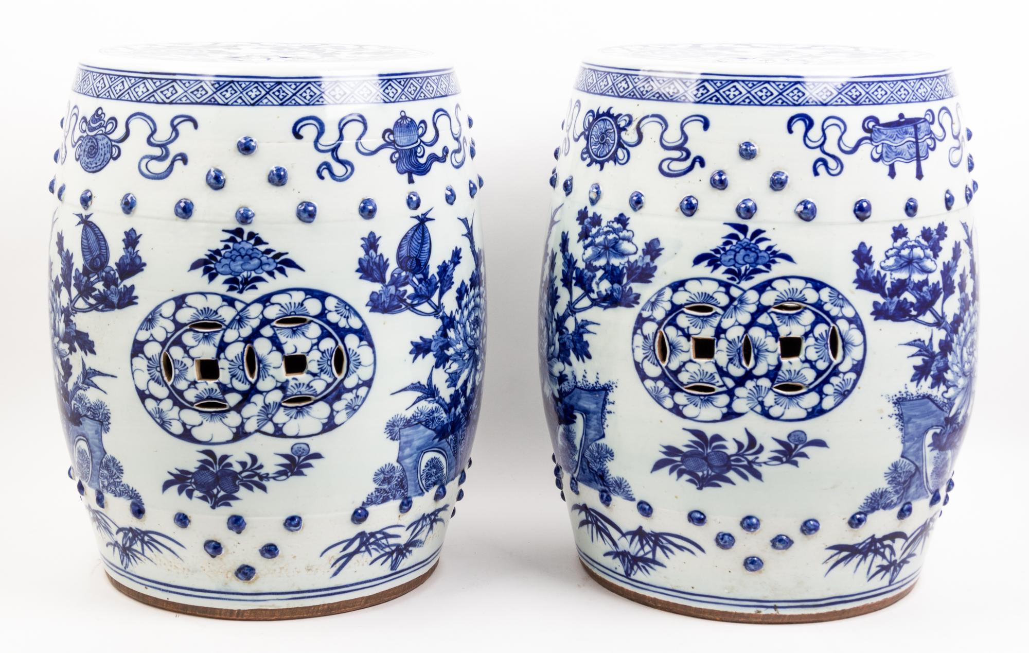 A Pair of Blue and White Porcelain Garden Seats Height 18 inches.