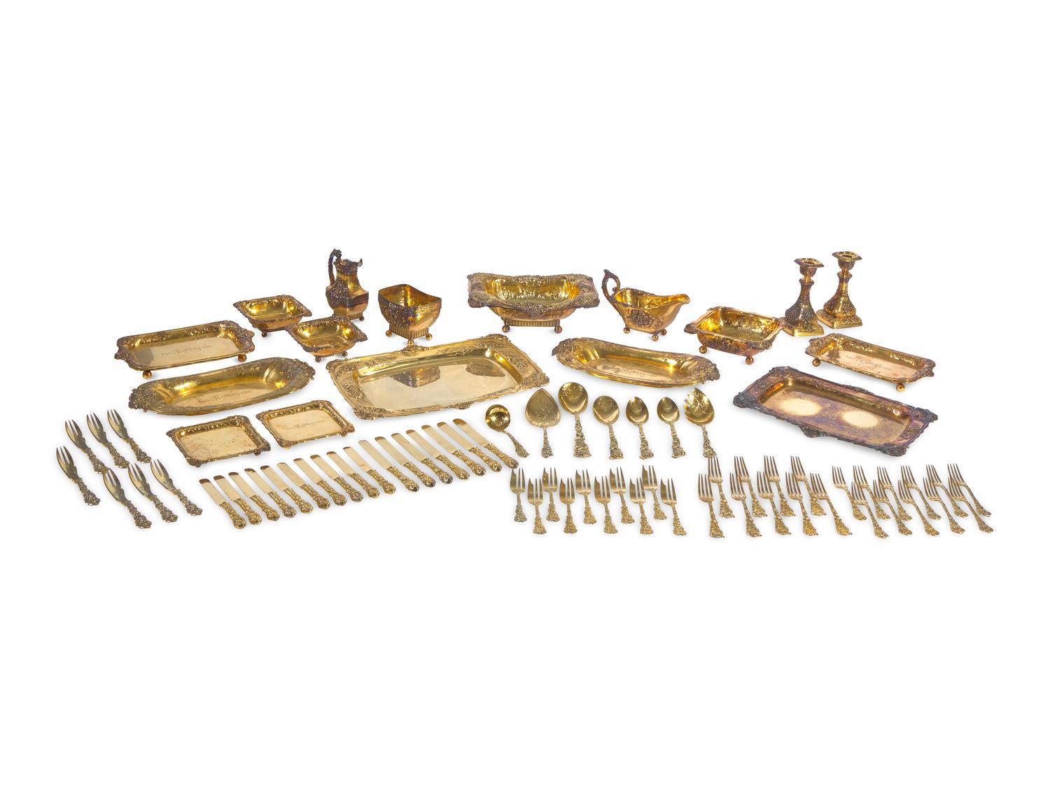 An Impressive Sterling Silver Gilt Dinner Service in the "Violet" Pattern Made for Washington Augustus Roebling and Emily Warren Roebling, Gorham Mfg. Co., Providence, RI, Most Pieces 1960, With Some Earlier Pieces Dated 1889