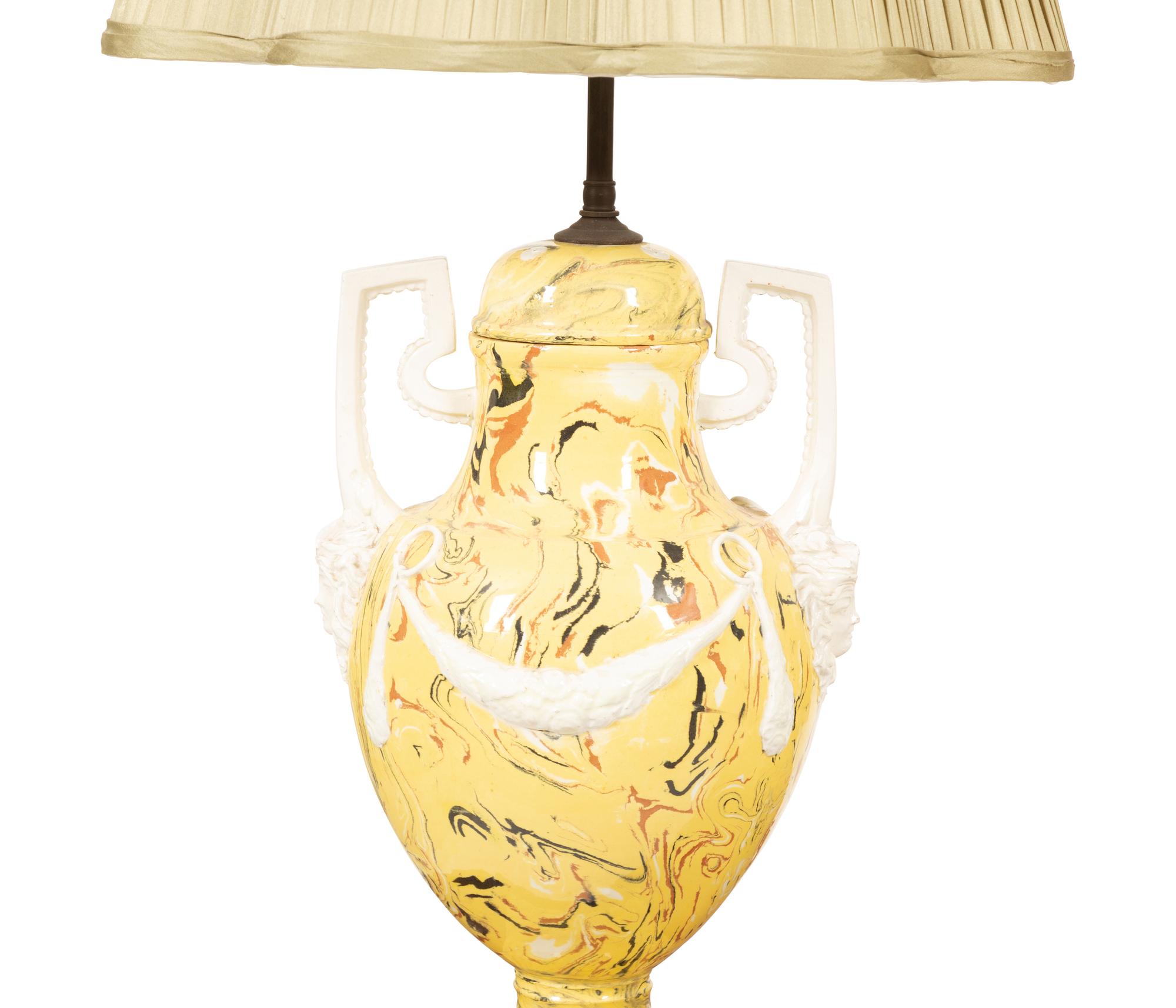 A Pair of Italian Glazed Ceramic Aptware Urns Mounted as Lamps