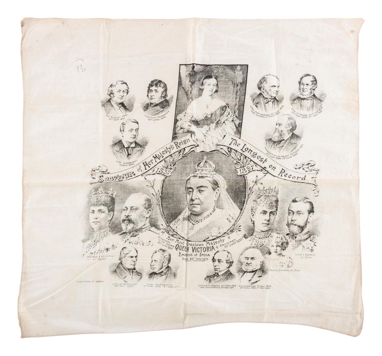 [ROYALTY]. Poster and textiles celebrating Queen Victoria and her son, Edward VII, comprising:
