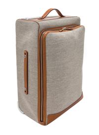 An Hermes Ecru Canvas and Fawn Barenia Calfskin Caleche-Express Suitcase, 14" x 21.5" x 10".