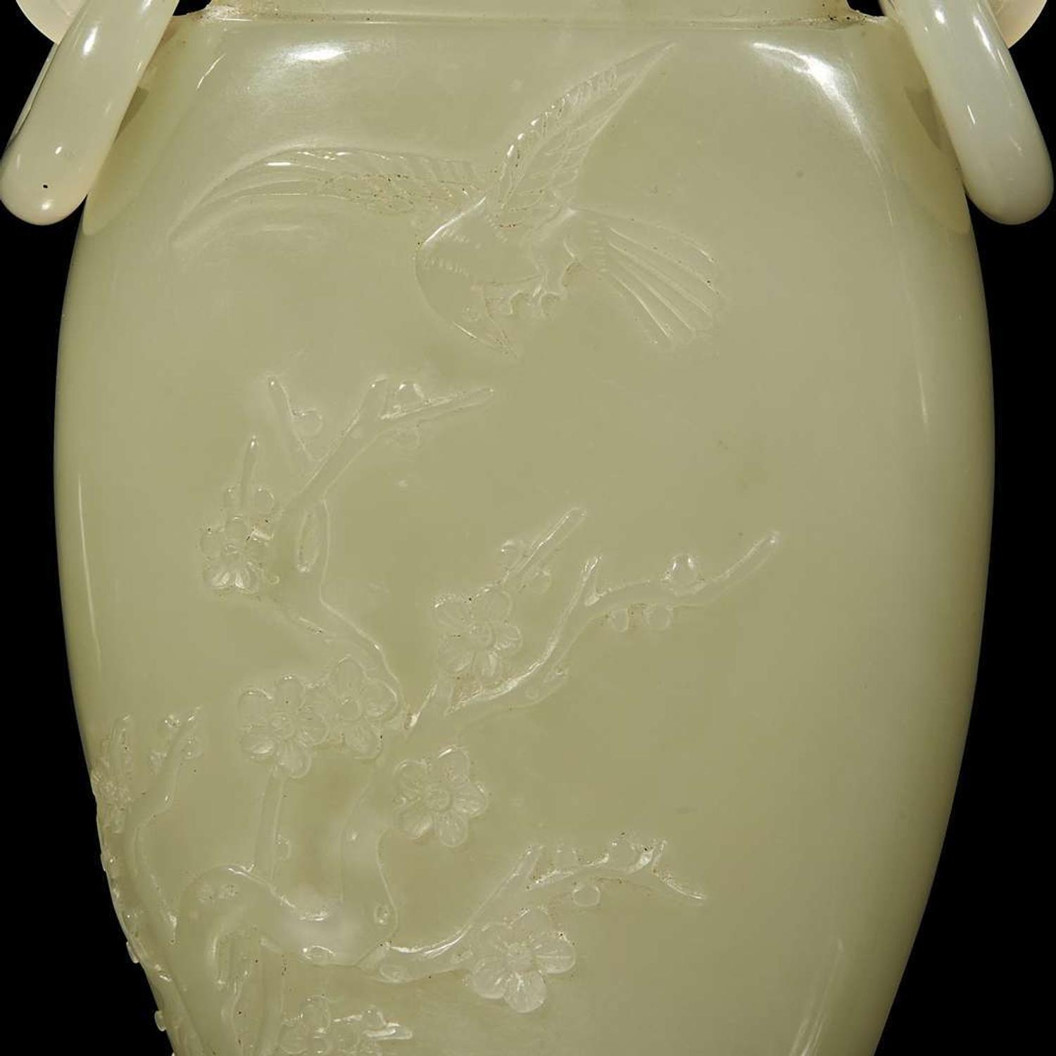 A Chinese pale celadon jade hanging vase and wood stand 白玉吊瓶