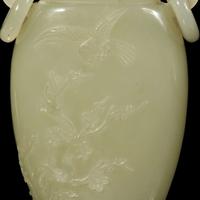 A Chinese pale celadon jade hanging vase and wood stand 白玉吊瓶