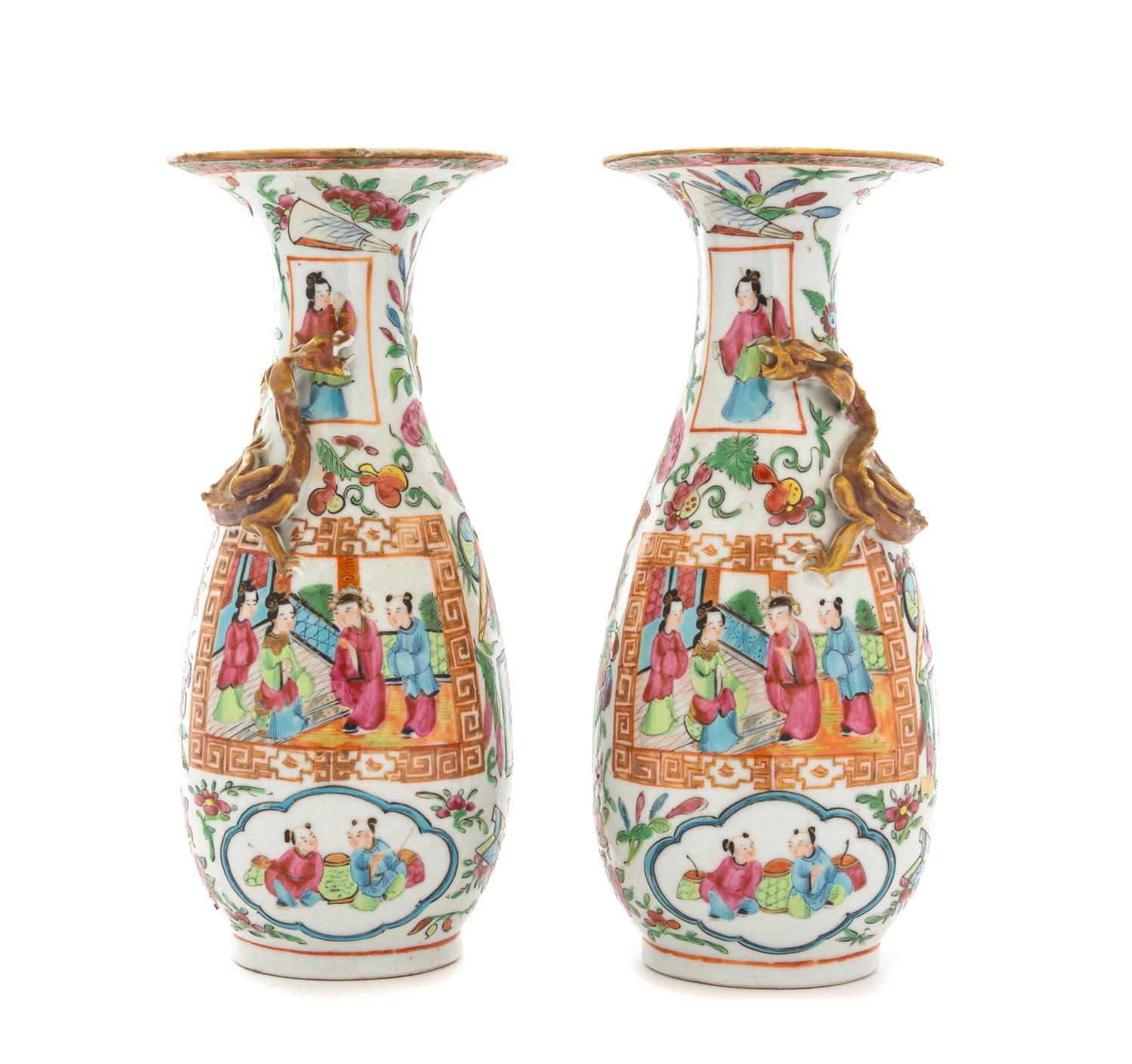 A Pair of Rose Medallion Porcelain Vases Height 10 inches. — 19TH CENTURY