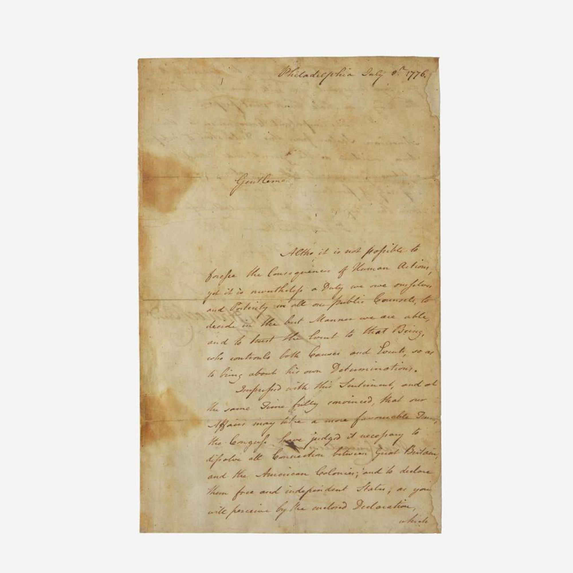 [Americana] [Declaration of Independence] Hancock, John Letter, signed